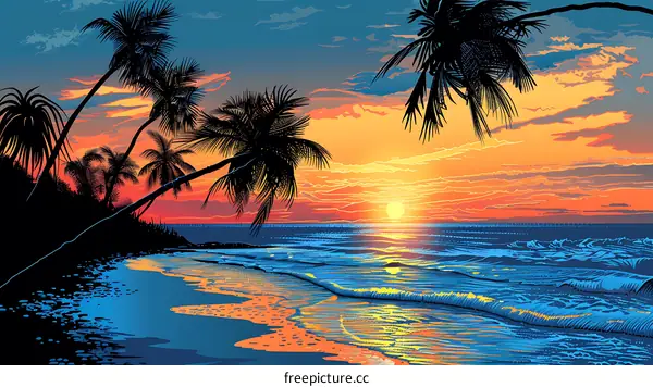 Tropical Sunset Beach Landscape Illustration