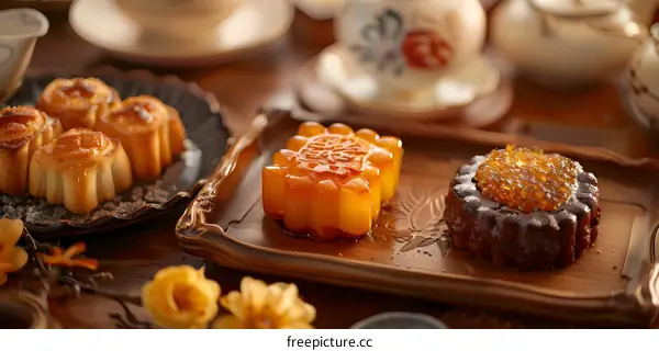 Closeup of Chinese Mooncakes on a Wooden Tray