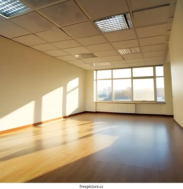 Empty Office Room with Large Window and Wooden Floor