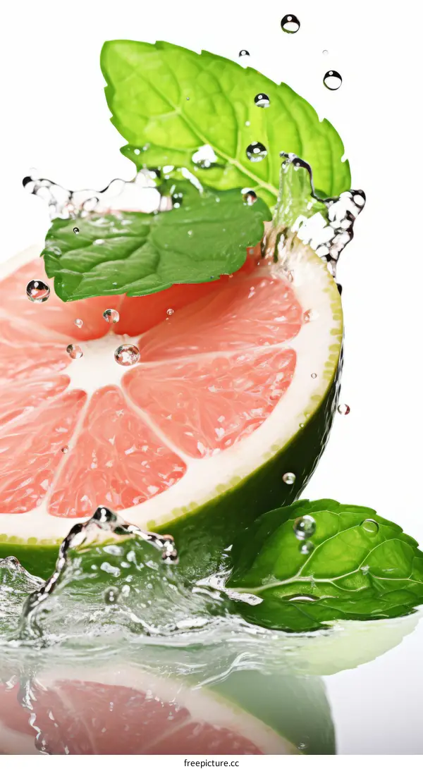Water Splashing on Pink Grapefruit and Green Leaves