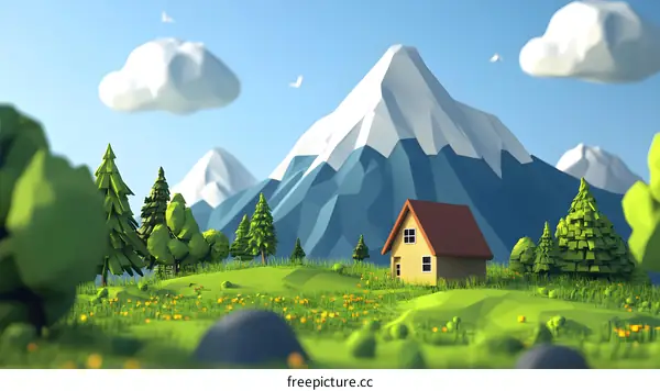 Low Poly Mountain Landscape with a Small House