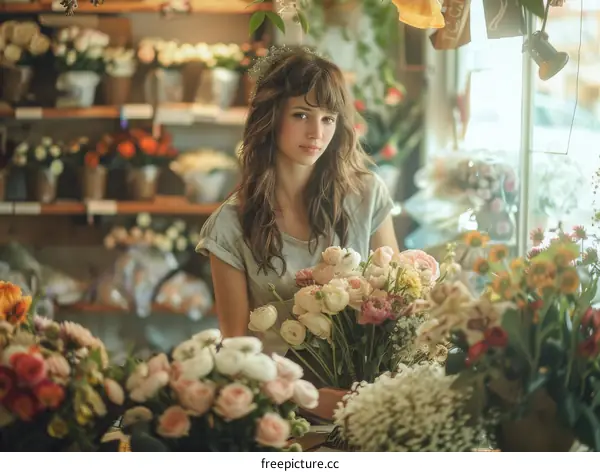 Portrait of a Young Woman in a Flower Shop