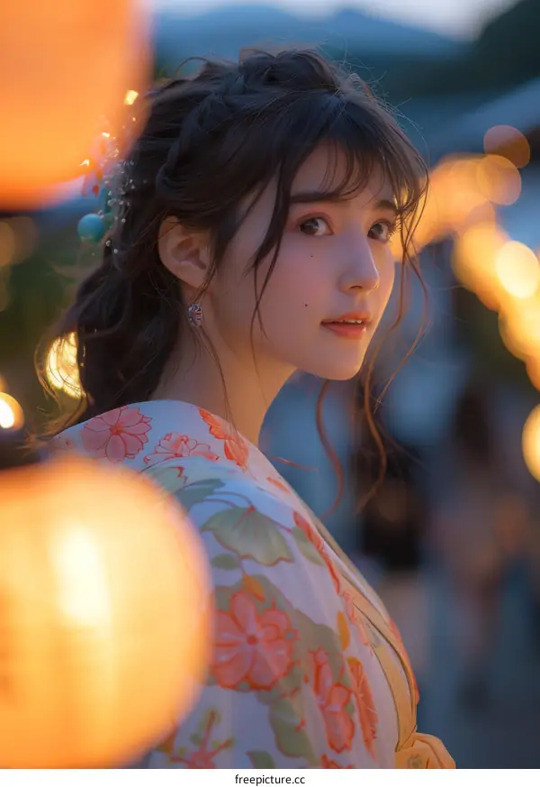 Asian Woman in Floral Kimono Under Soft Lighting