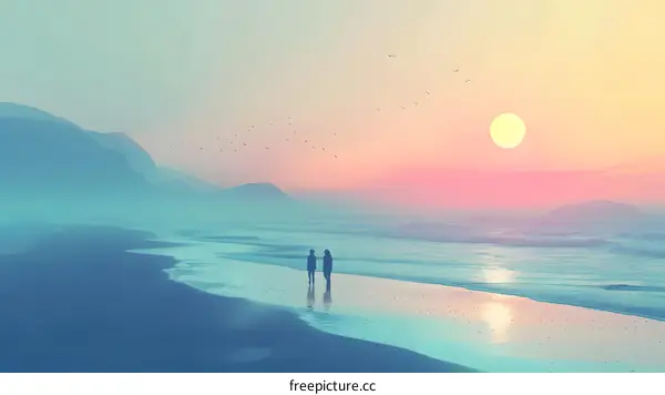 Silhouettes of Two People Walking on a Beach at Sunset