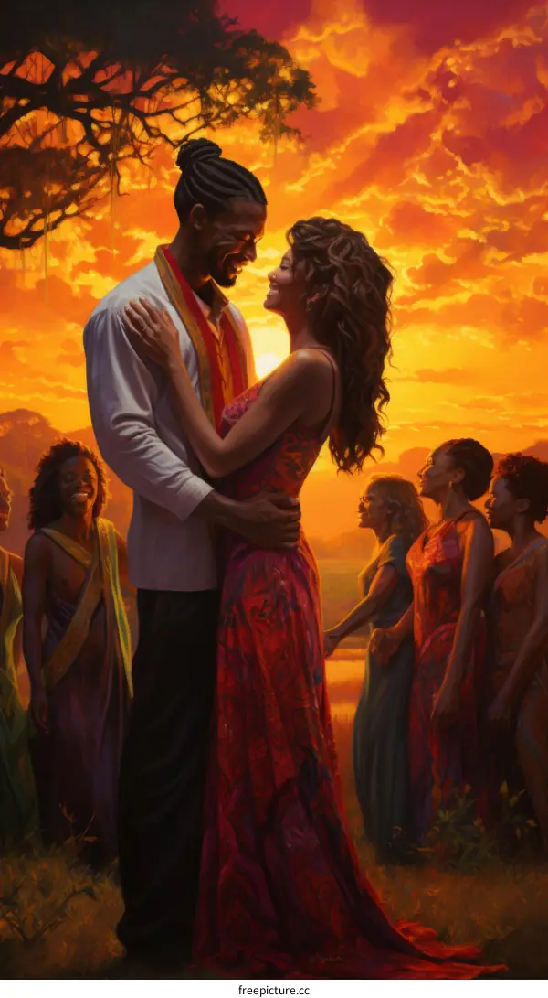 African couple in love with friends in background