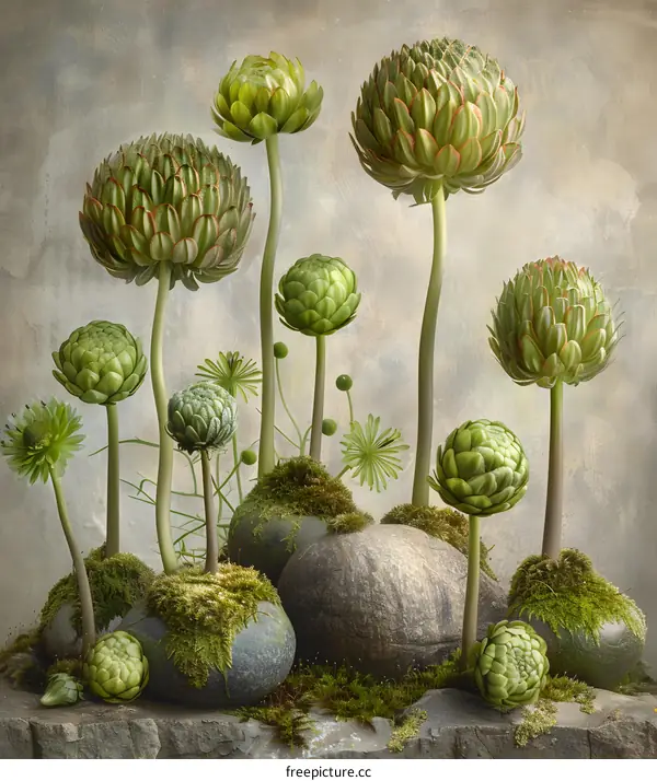 Green Flower Arrangement with Moss Covered Stones