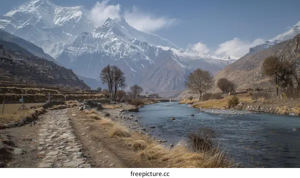 Himalayan mountain range and a river flowing through a valley