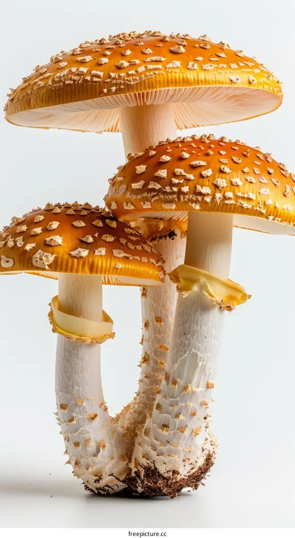 Three Orange Amanita Mushrooms with White Spots