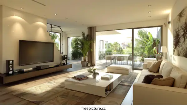 White sofa and large windows in a bright living room