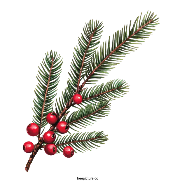 [Transparent Background PNG]Botanical Illustration of Evergreen Branch with Berries