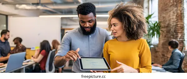 Two Colleagues Working Together On A Tablet In An Office