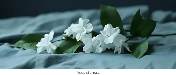 White Jasmine Flowers on Blue Fabric