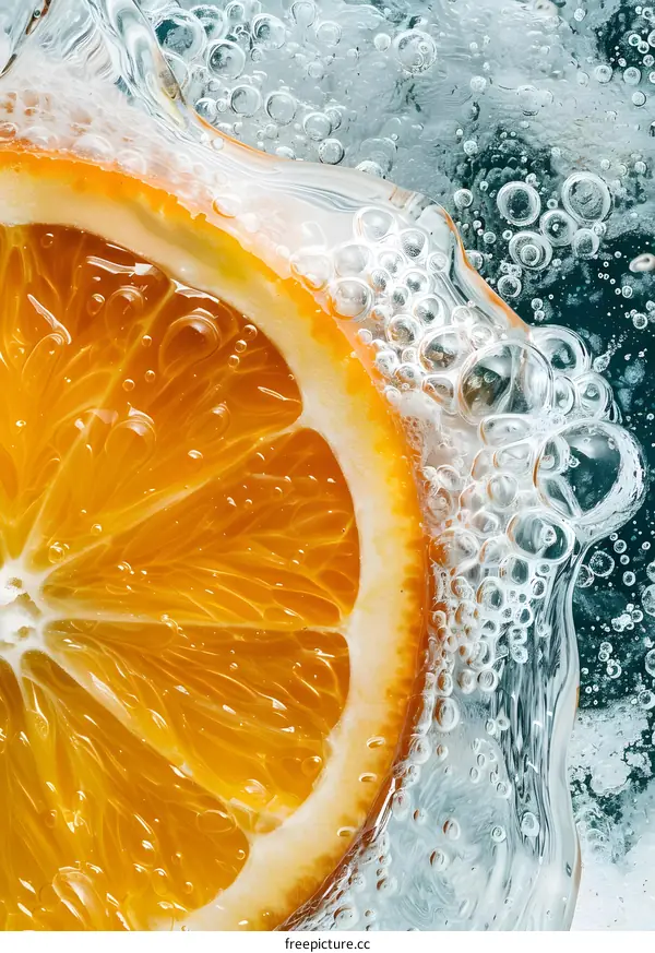 Orange Slice In Sparkling Water Macro Photography