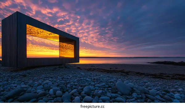 Modern Art Structure at Sunrise over the Ocean