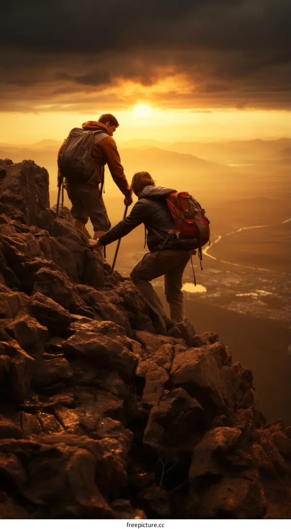 Two hikers helping each other on a mountain peak during sunset