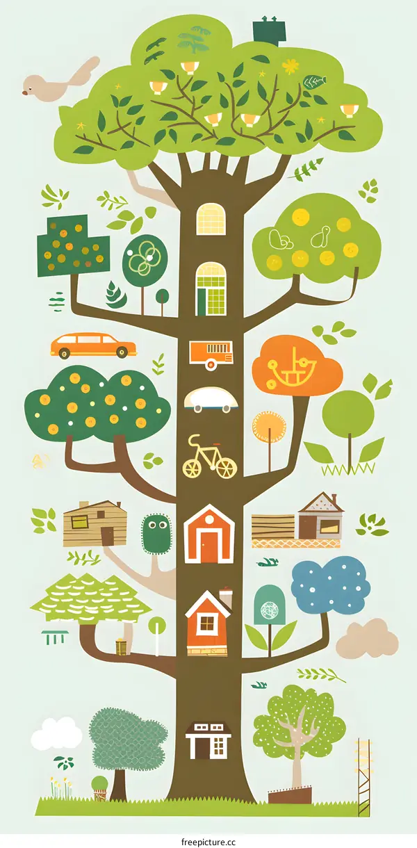 Illustrated Tree With Houses and Vehicles