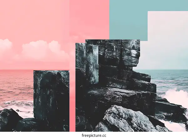 Abstract Collage With Pink And Blue Colors Sea And Rocks