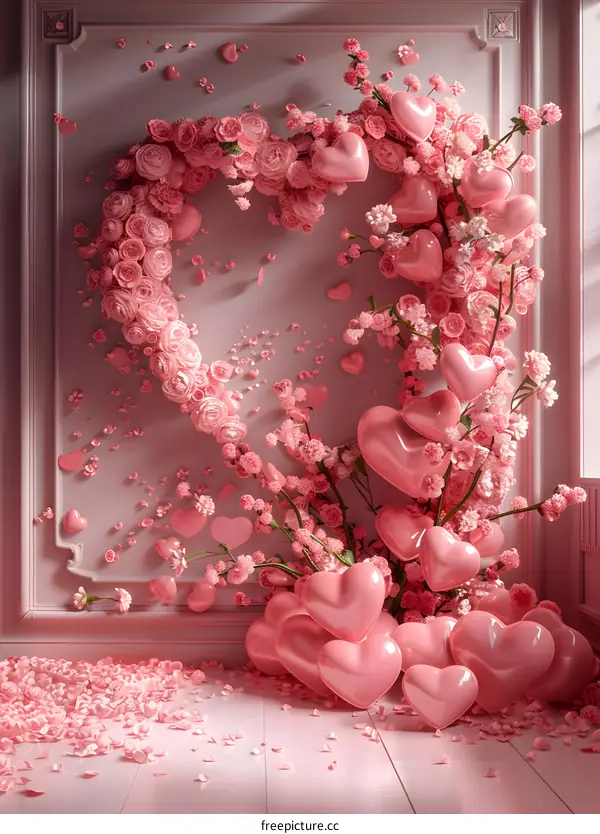 Pink flowers and heart-shaped balloons