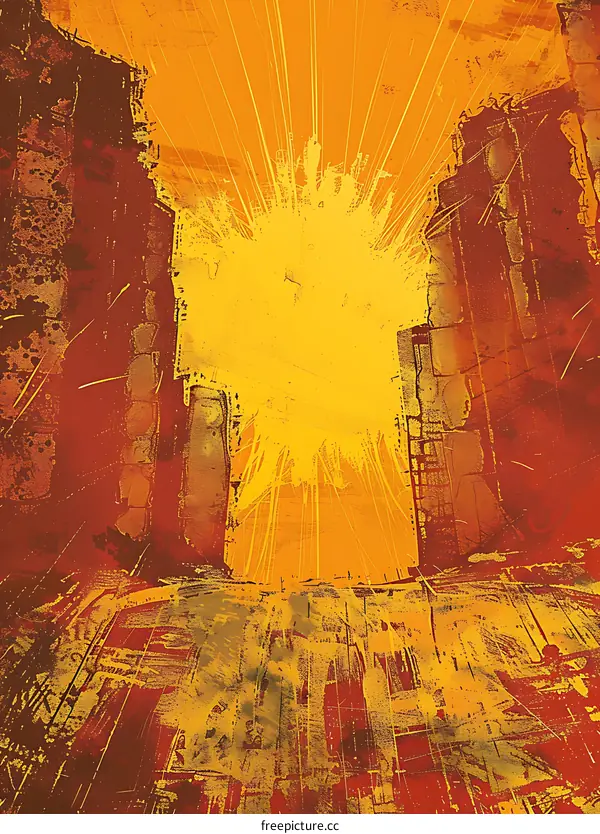 Abstract Art Painting of Yellow and Red Sun Explosion