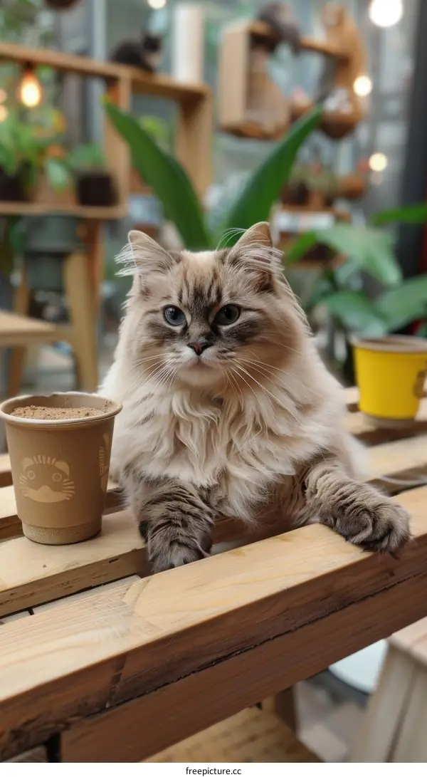 Fluffy Ginger Cat Relaxes on a Wooden Table in a Plant Shop