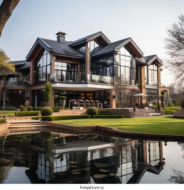 A stunning modern mansion with a pool and a beautiful garden