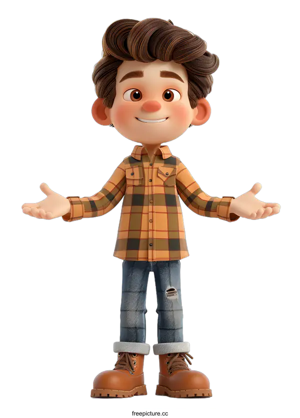 [Transparent Background PNG]Smiling Cartoon Boy Character Wearing Plaid Shirt