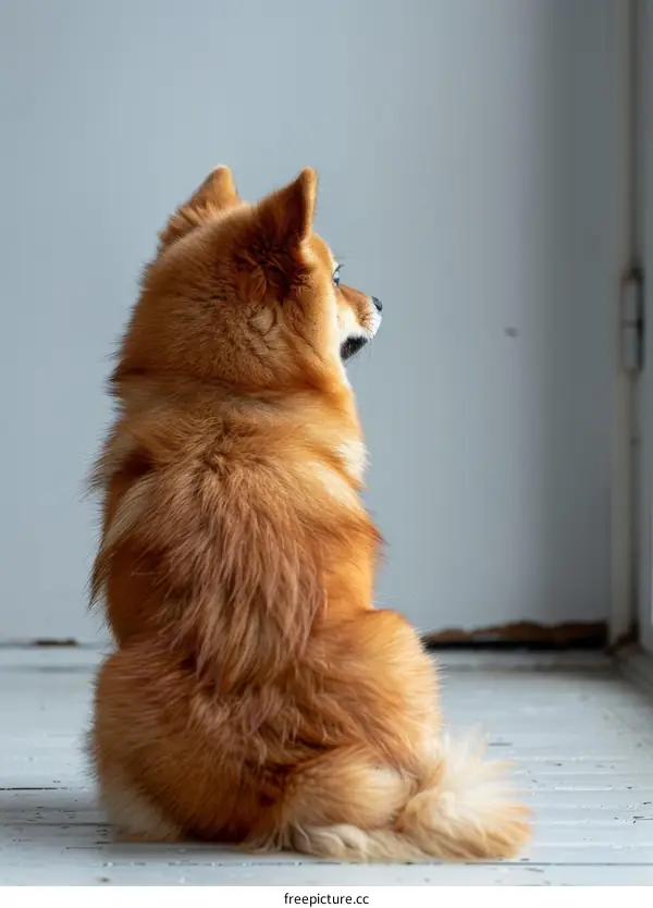 A fluffy brown dog is sitting on the wooden floor with its back to the camera