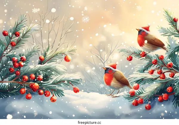 Two birds wearing Christmas hats are standing on the branches of a holly tree