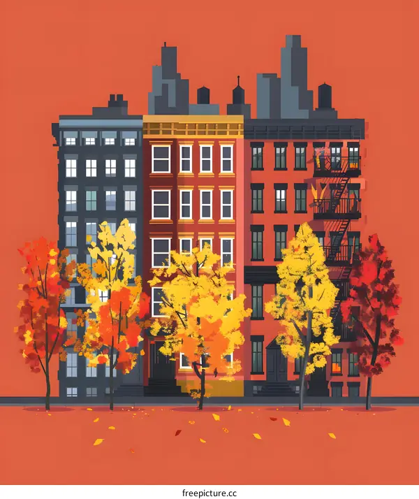 Autumn Cityscape with Row of Colorful Buildings and Trees