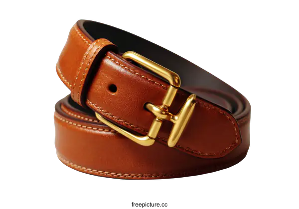 [Transparent Background PNG]Classic Brown Leather Belt with Gold Buckle