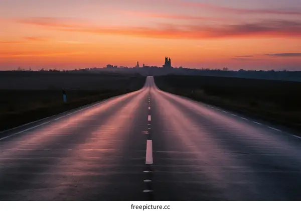 A long road stretching into the distance under a colorful sunrise sky