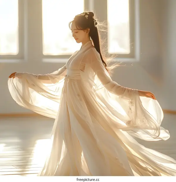 A graceful young woman in a white dress is dancing in a bright room.