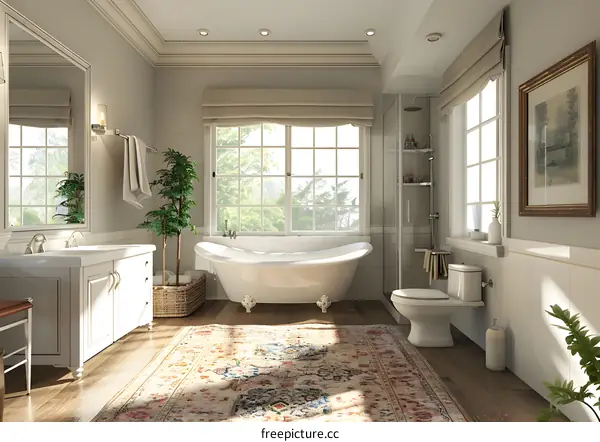 Bathroom interior with a large window, a freestanding bathtub, and a patterned rug.