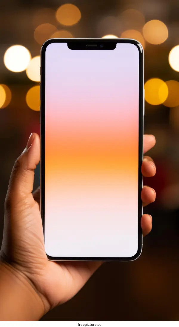 A hand holding a smartphone with a gradient background of orange and white