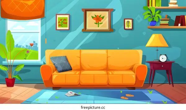 Cartoon Illustration of a Living Room with a Sofa and Window