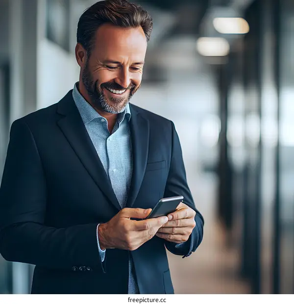 Smiling Businessman Using Smartphone in Office