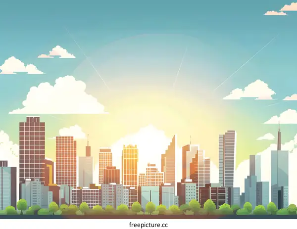 Modern City Skyline Illustration with Sun Rising and Clouds