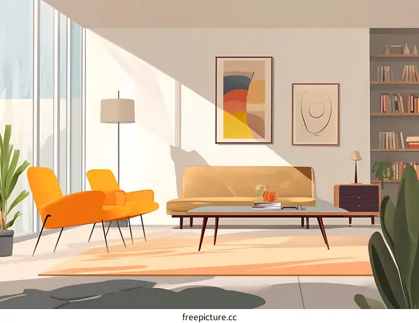 Modern Living Room with Yellow Sofa, Two Armchairs and Abstract Art