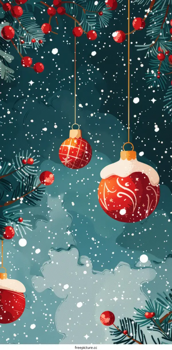 Snowy Pine Branch Adorned with Christmas Ornaments