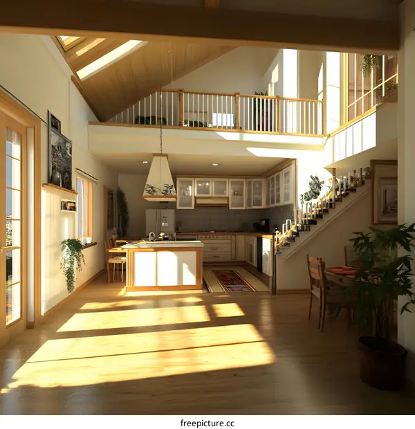 Modern Kitchen Design With Wooden Beams and Skylight