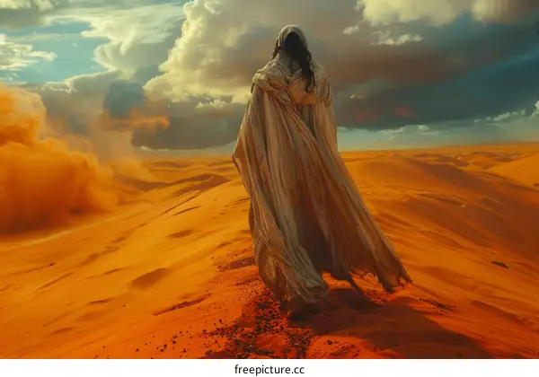 A person wearing a white robe is walking in the desert