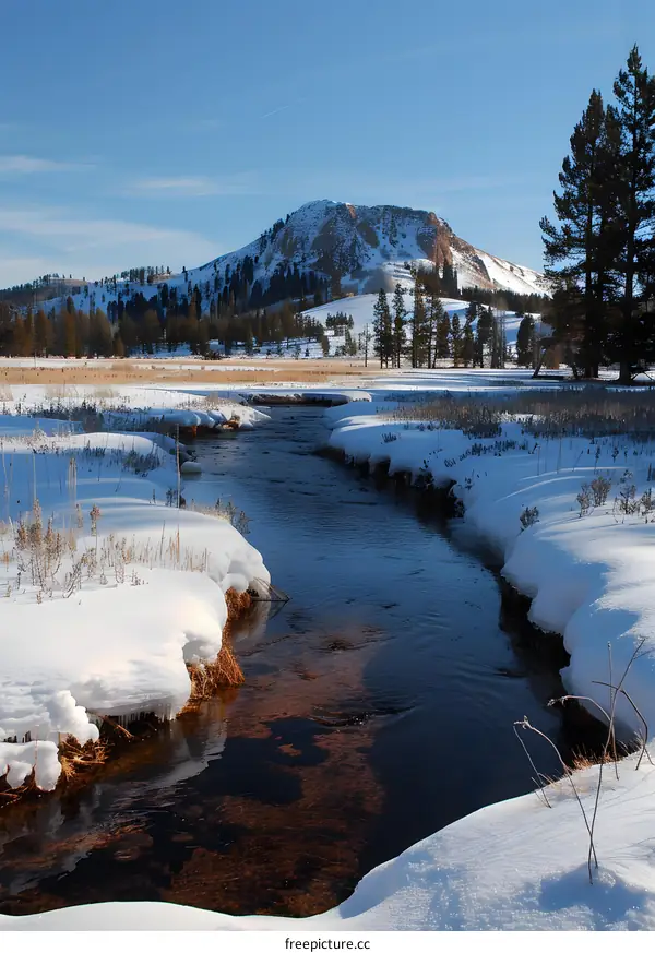 Snowy Stream With Mountain Background