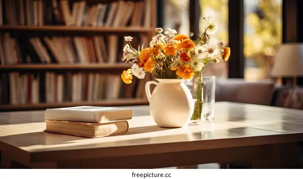 A beautiful bouquet of flowers sitting on a table in a library