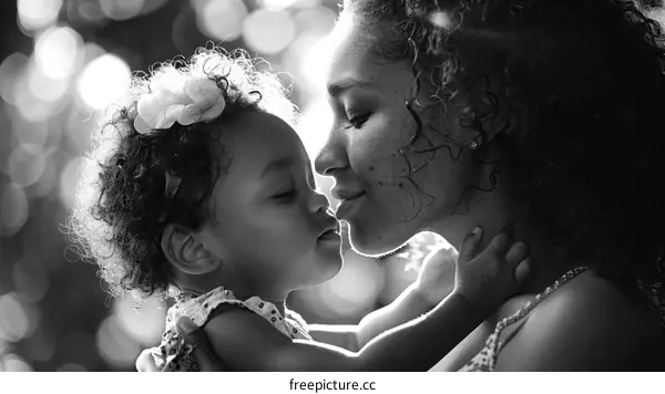 A black and white photo of a mother and her child