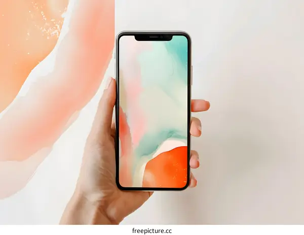 Hand Holding Smartphone with Abstract Watercolor Background