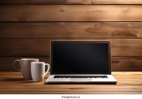 Laptop and coffee cups on a wooden table