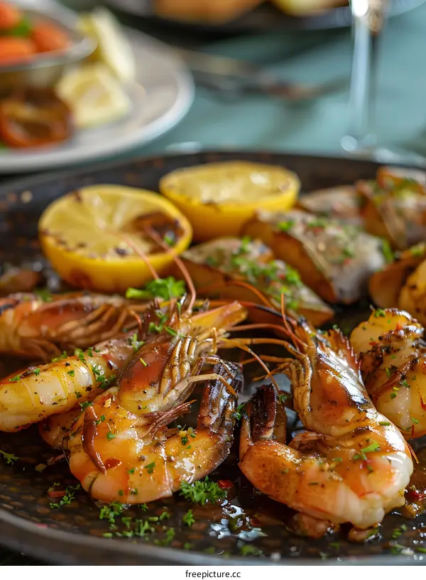 grilled tiger prawns with lemon and parsley