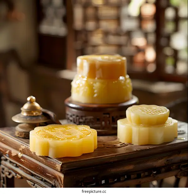 Close up of Chinese Mooncakes on a Wooden Table