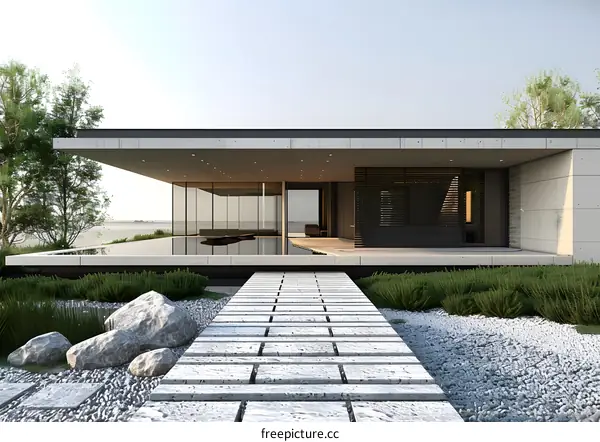 Modern Minimalist House with Stone Pathway and Pool
