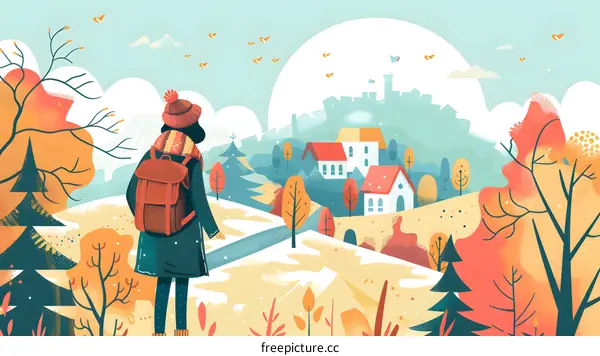 Woman with Backpack Standing in Autumn Landscape